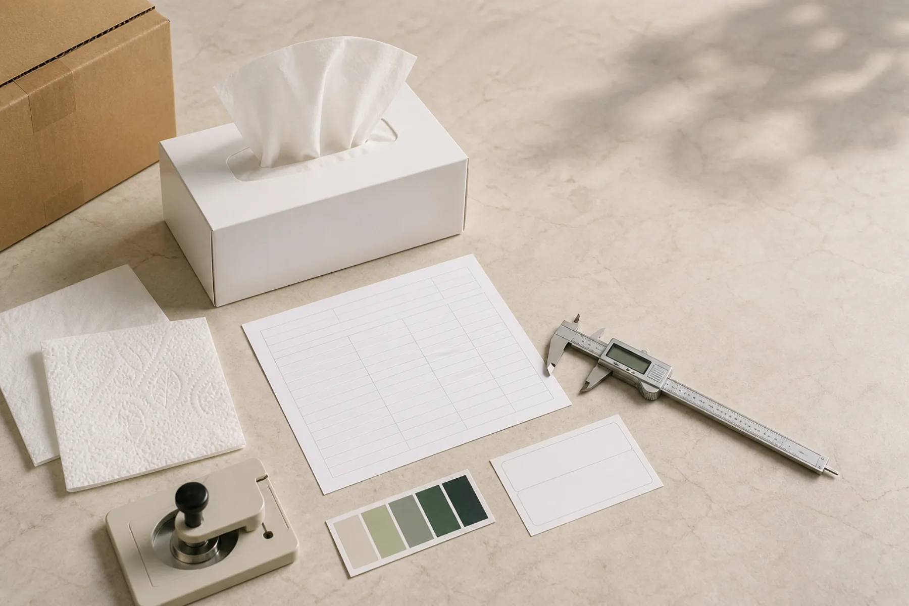 Illustrative tissue procurement workspace with tissue samples, blank specification sheet, caliper and neutral export carton
