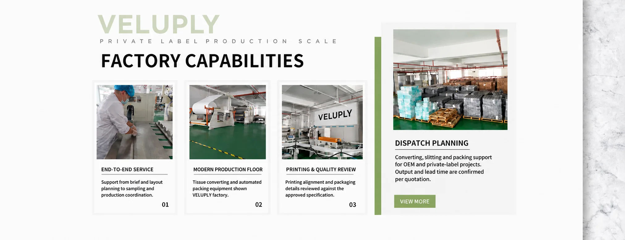 Authorized display board showing VELUPLY affiliated factory production and customization routes