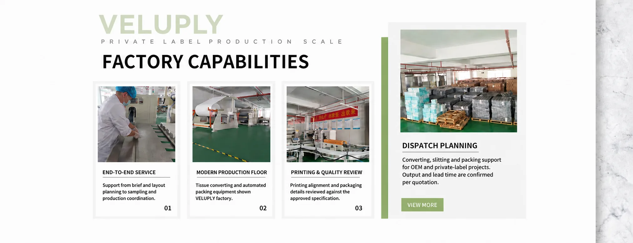 English display board showing VELUPLY tissue production and customization capabilities