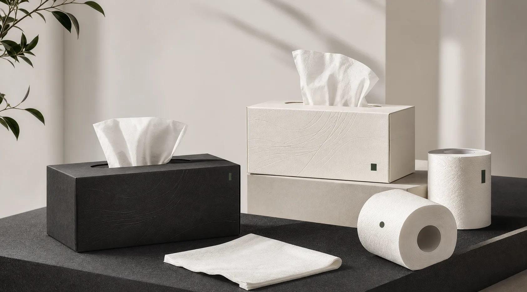 Private-label facial tissue boxes, toilet rolls and napkins in a warm studio setting